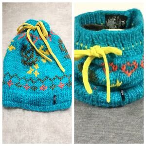Nobis Convertible Slouchy Hat Scarf Blue Chunky Knit Fleece Lined Fair Isles 90s